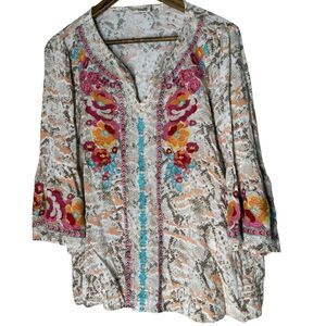 Savanna Jane Floral Embroidered Snakeskin Print Top Womens Sz L Boho Festival